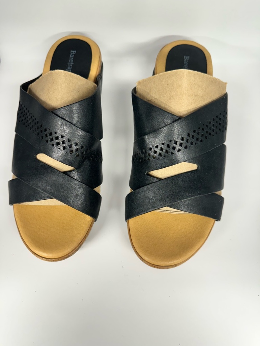 BareTraps Black Leather Crisscross Mule Sandals with Tan Footbed